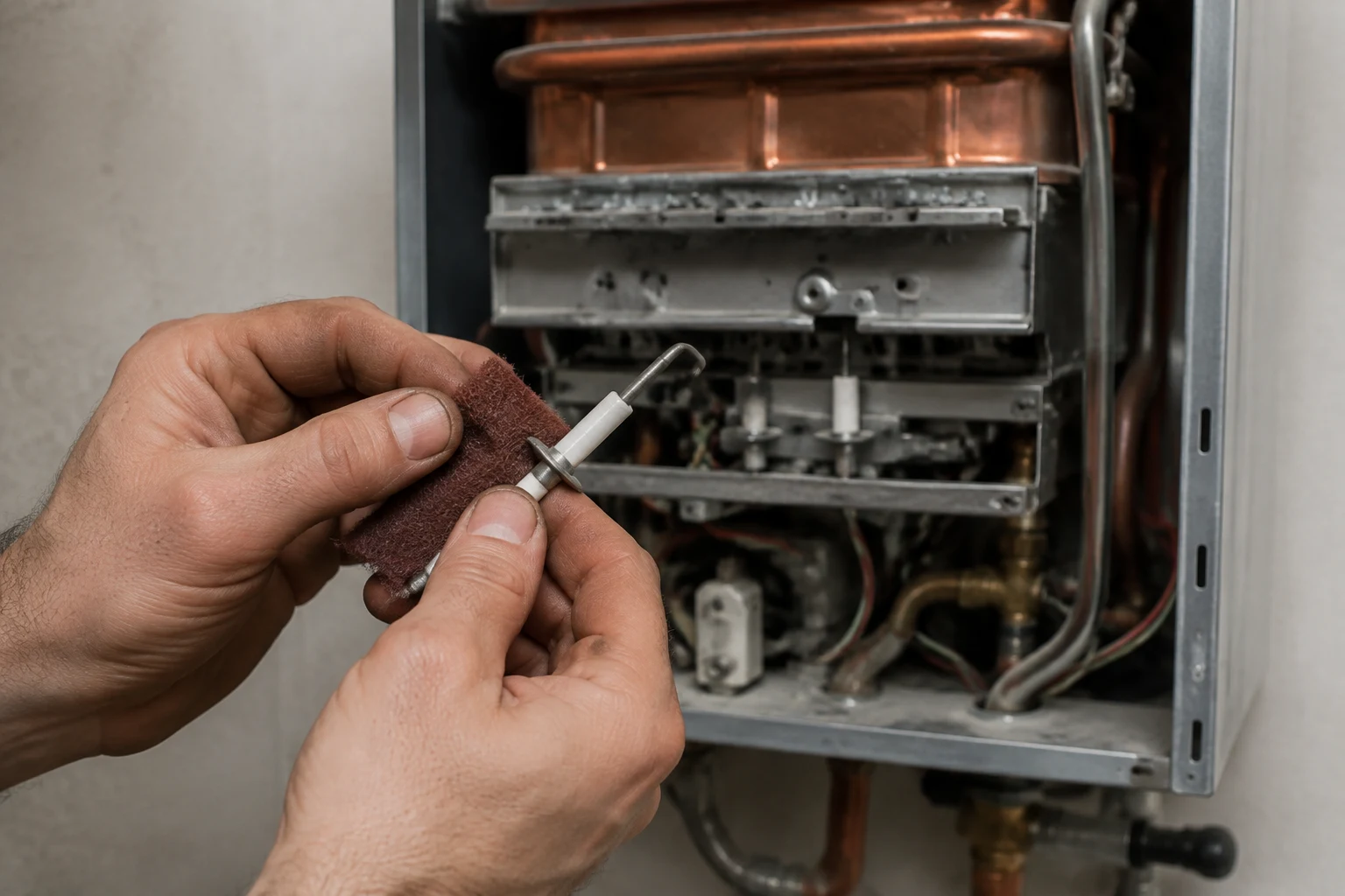 A Rheem tankless flame rod pulled from the burner assembly being cleaned of carbon buildup with fine sandpaper