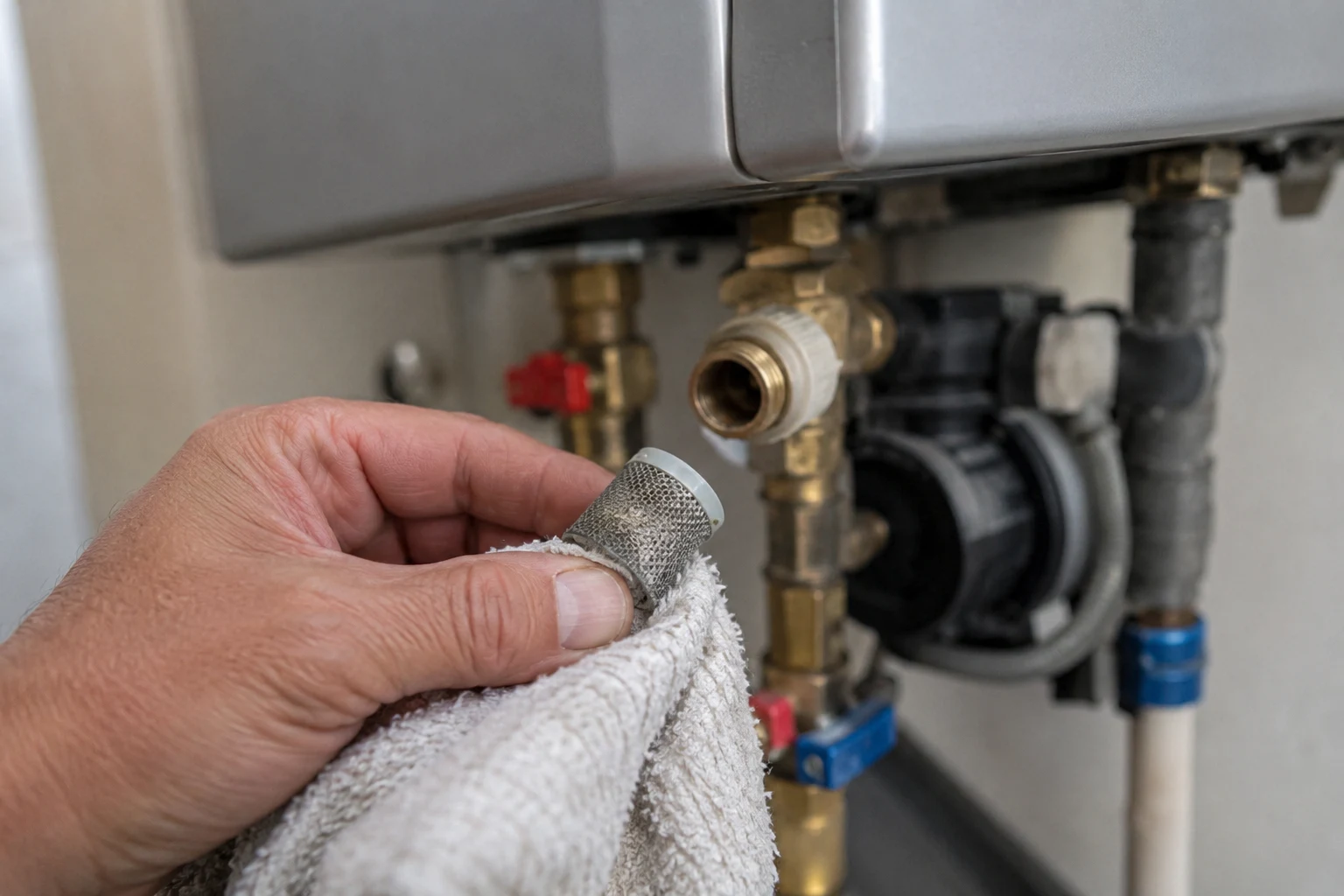A Rheem tankless cold-water inlet filter screen removed from the service valve, showing sediment and scale trapped in the mesh