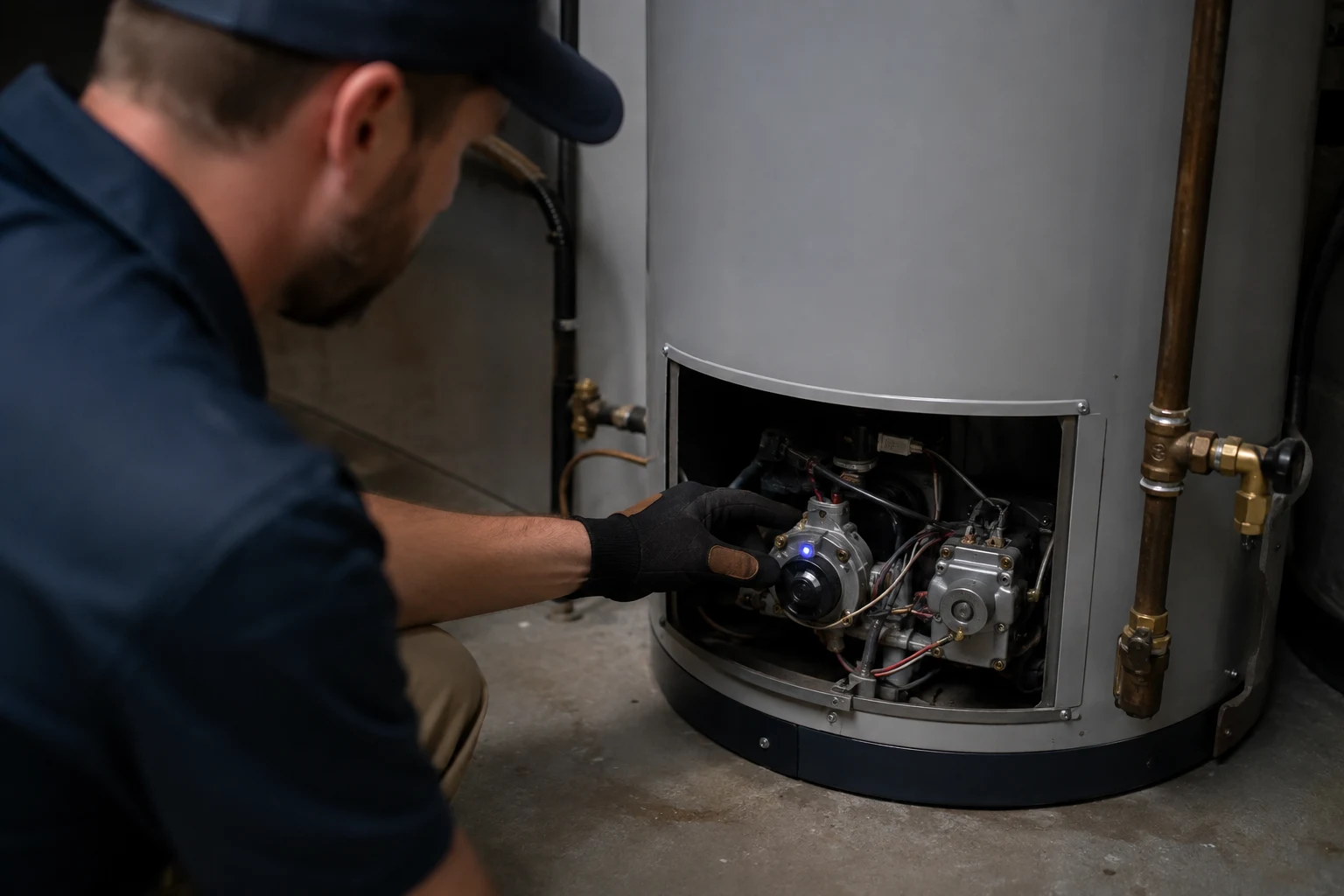 The base of a Rheem gas water heater showing the air-intake screen and the burner-door area where the flammable-vapor sensor sits, the parts to clean and inspect for a blue lockout
