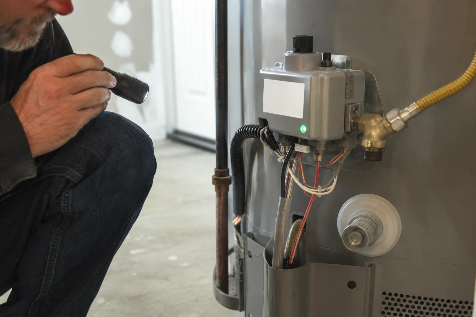 A Rheem gas control valve on the front of a water heater with the status LED, the piezo ignitor button, the PILOT knob position, and the black thermopile terminal visible