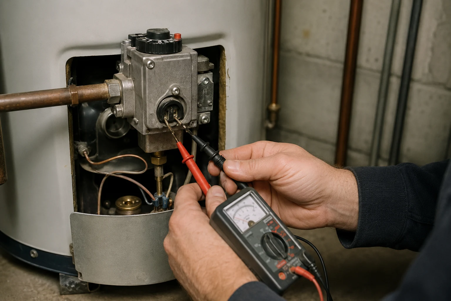 A Rheem gas control valve at the base of a water heater with the two thermopile leads and the status light visible, the terminals where millivolt voltage is measured