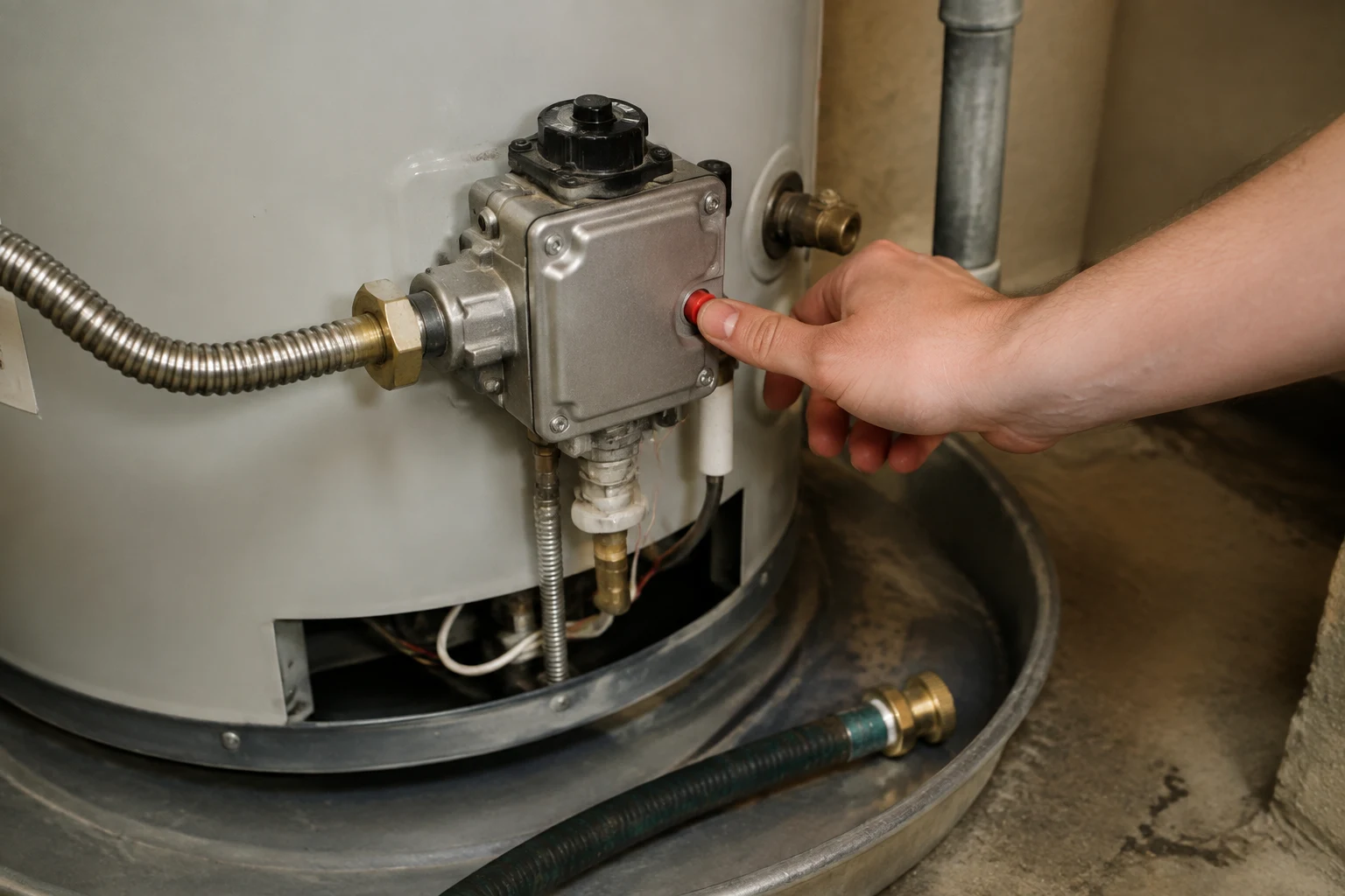 Rheem gas control valve at the base of a water heater tank with the status light, temperature dial and gas control knob, the point where a 4-flash high-limit trip is read and reset