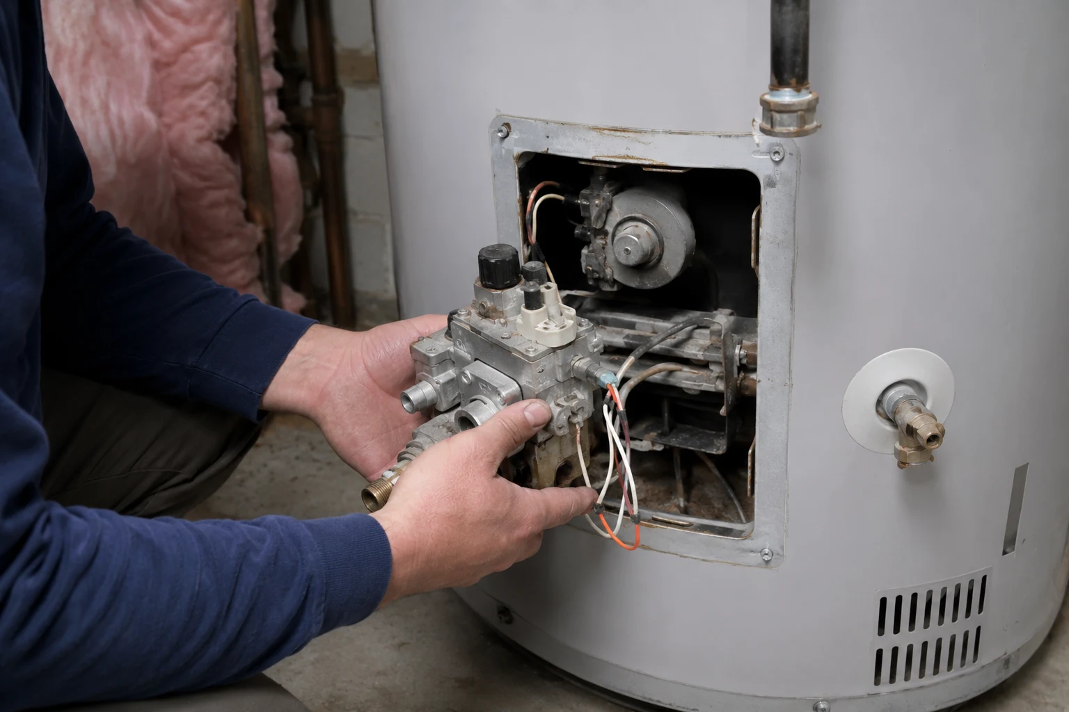 The status light and gas control valve on the front of a Rheem gas water heater near the burner door, with wiring connectors visible