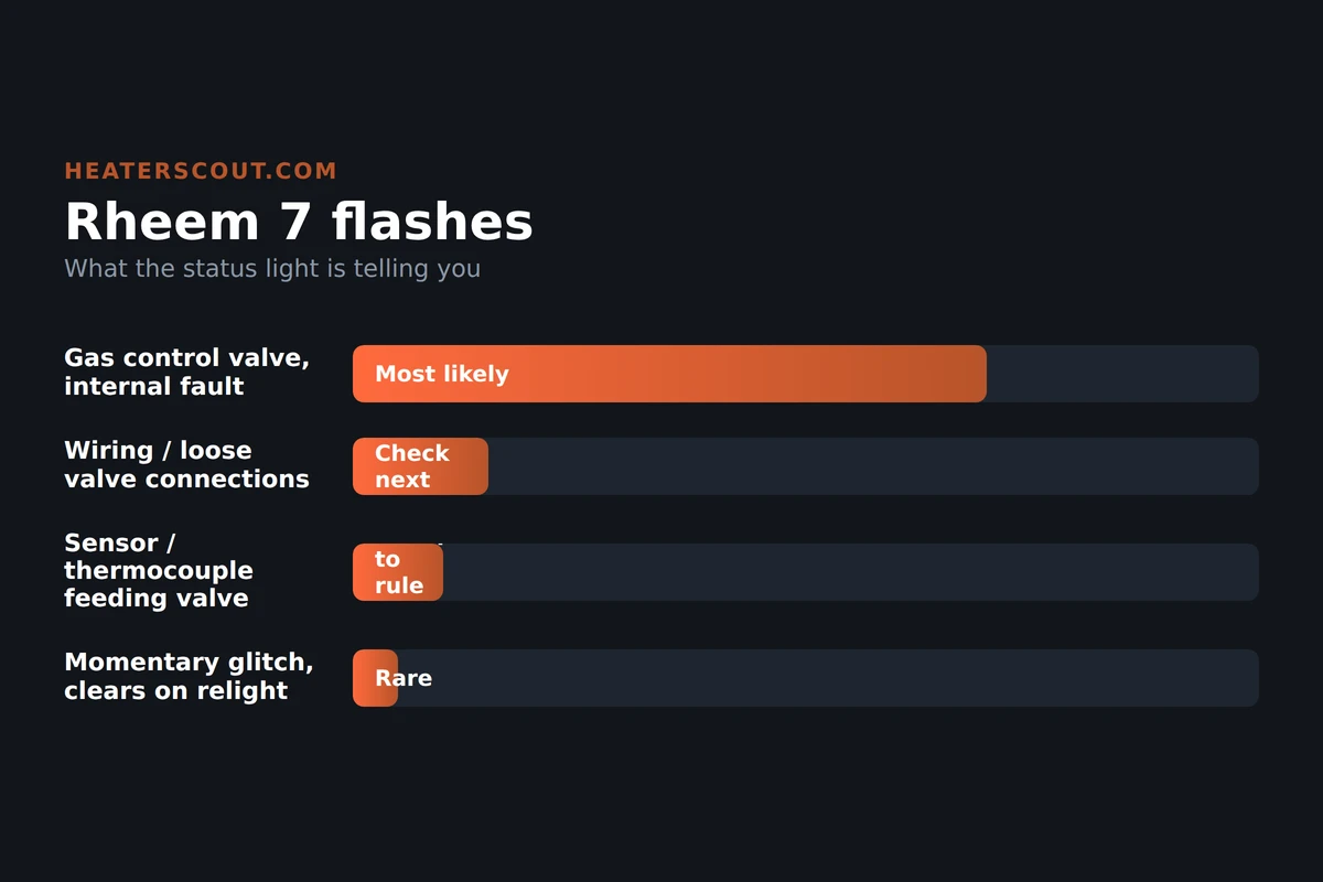 Bar-chart infographic ranking the causes behind a Rheem water heater status light flashing 7 times, led by an internal gas control valve fault