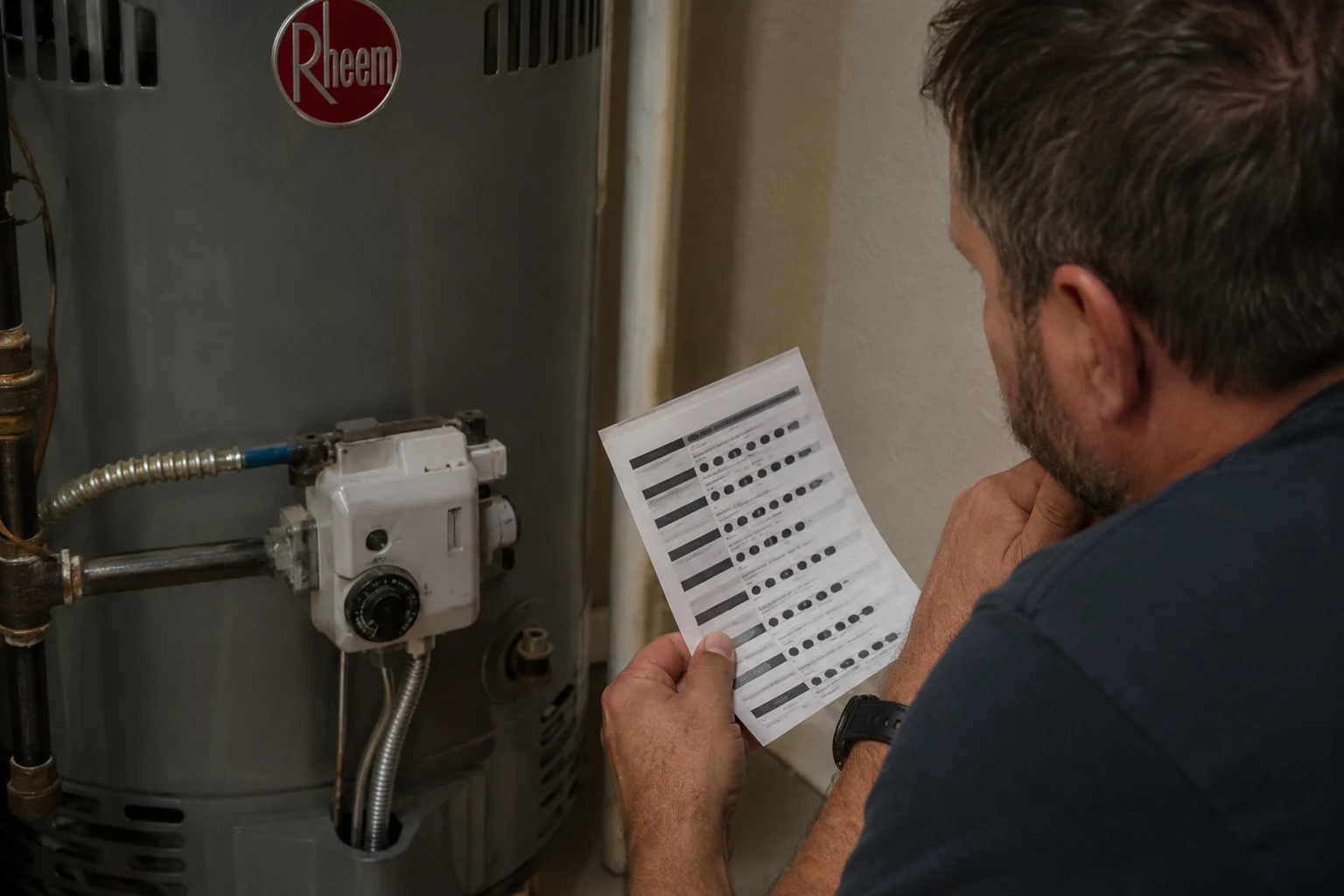 A Rheem gas control valve at the base of a water heater with the status light and gas control knob visible, the point where flash codes are read and the knob reset is performed