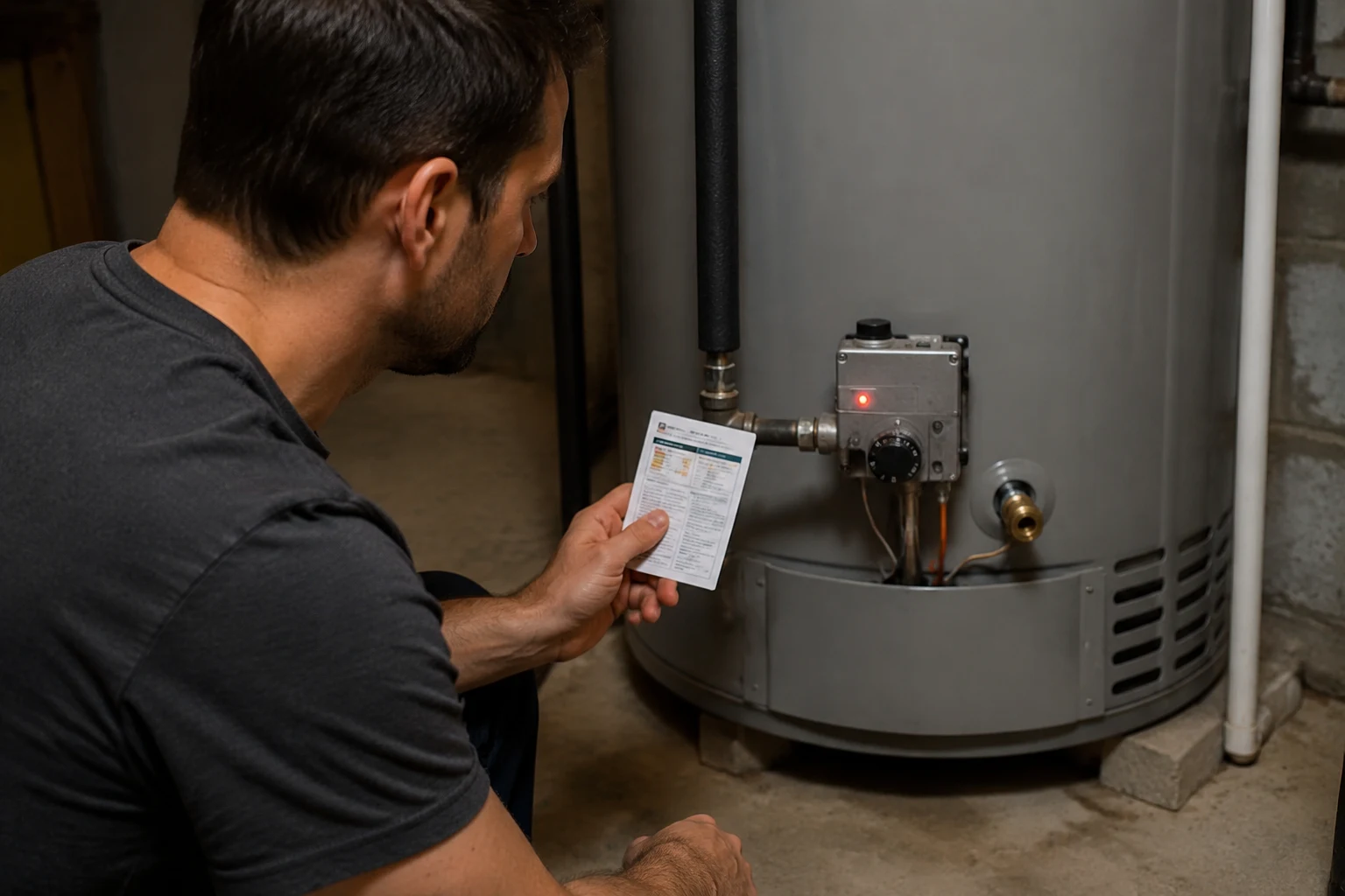 A Richmond gas control valve at the base of a water heater with the status light and the ON/OFF gas control knob visible, the point where the flash count is read and the reset is performed