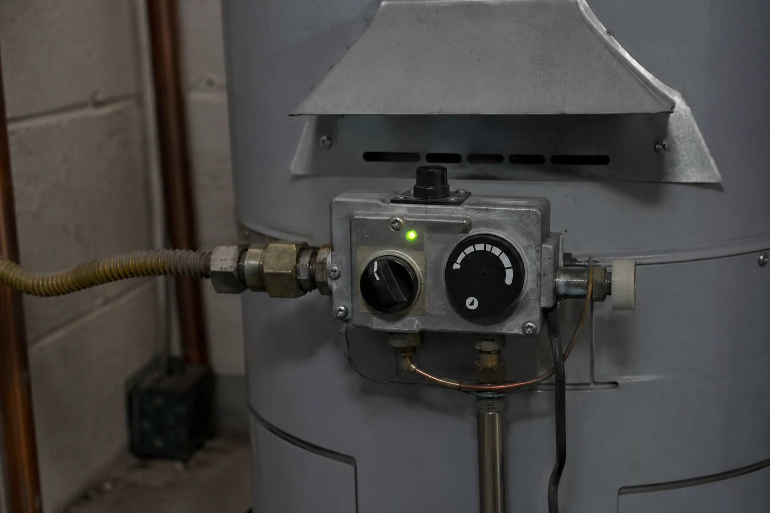 A Richmond residential storage water heater with the rating plate on the upper third of the tank, the gas control valve and status light at the base, the temperature and pressure relief valve with its discharge tube, and the upper thermostat access panel, the spots a homeowner checks when troubleshooting