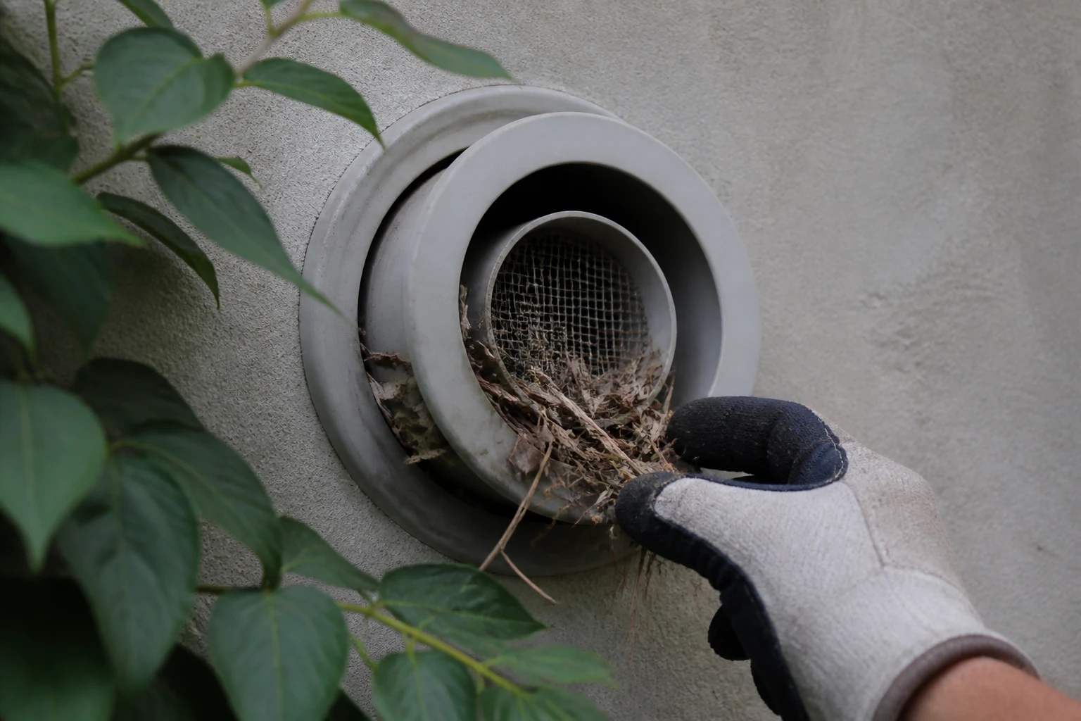 Homeowner clearing leaves and debris from the outdoor concentric vent terminal of a Rinnai tankless water heater
