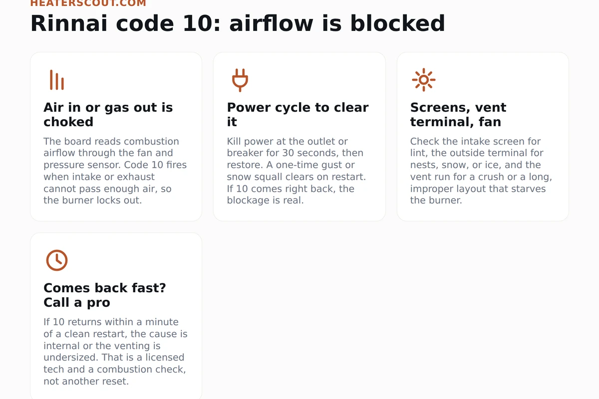 Four-panel infographic explaining Rinnai tankless error code 10 as an air supply or exhaust blockage lockout