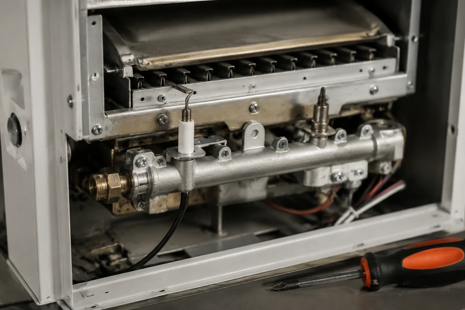 Inside a Rinnai tankless water heater showing the burner, igniter, and flame-sensing rod