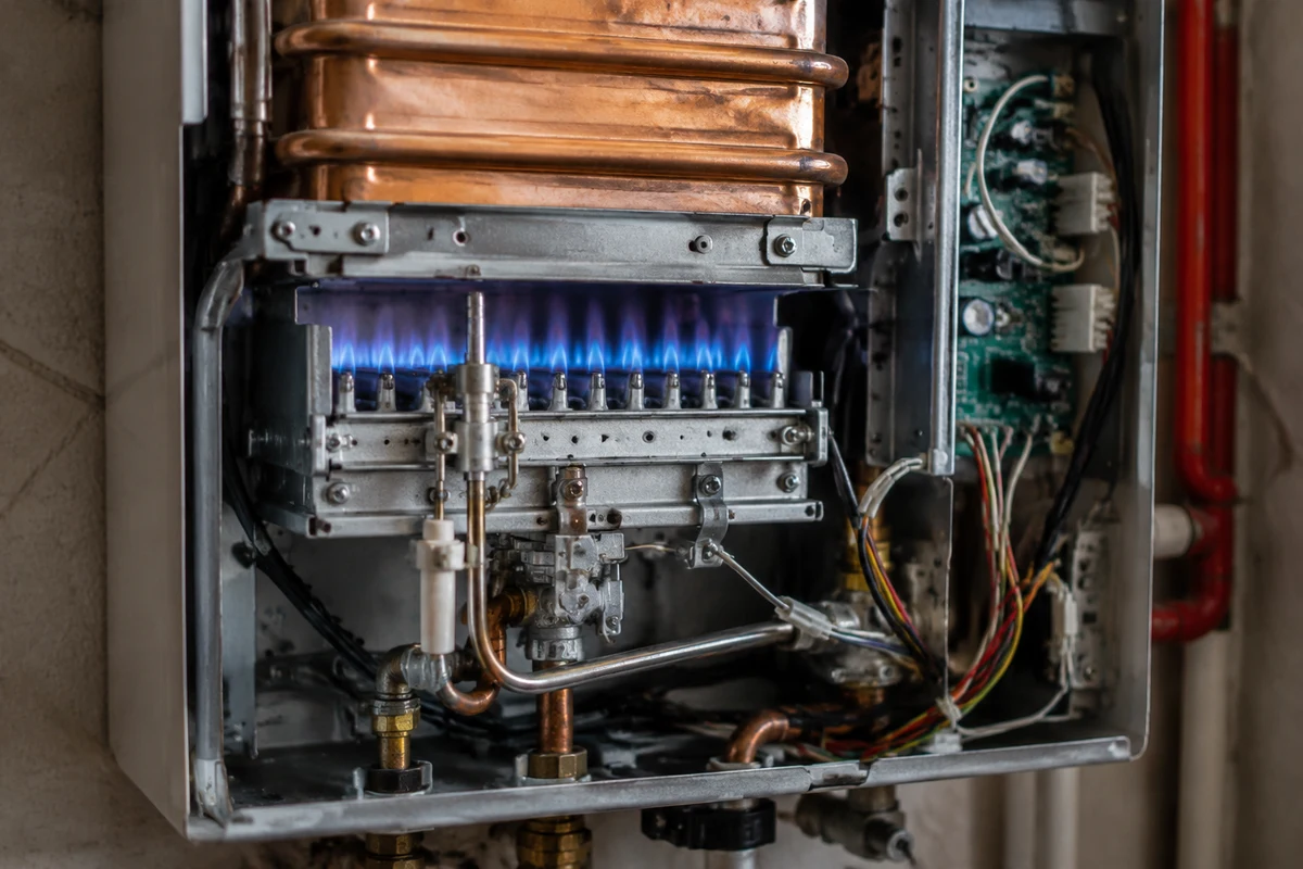 Inside a tankless water heater showing the burner assembly and flame-sensing rod