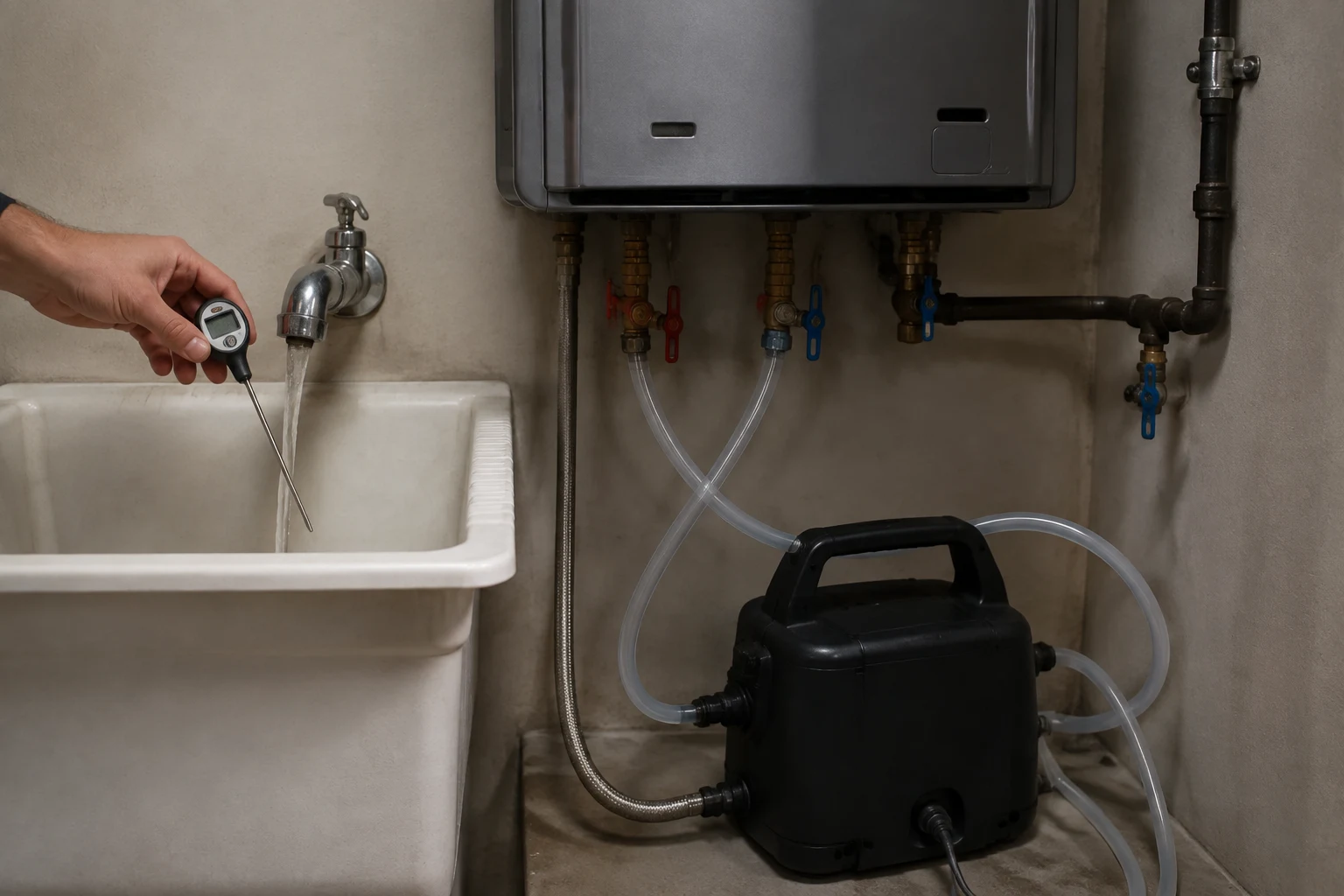 Plumber checking a Rinnai tankless water heater outlet and recirculation piping while diagnosing a code 16 over-temperature trip
