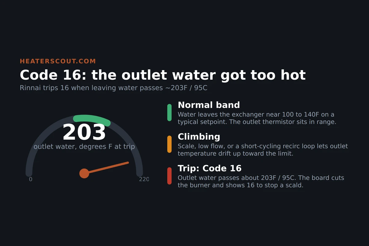Gauge graphic showing a Rinnai tankless outlet water temperature climbing from a normal band into the red zone where code 16 trips at about 203 degrees Fahrenheit