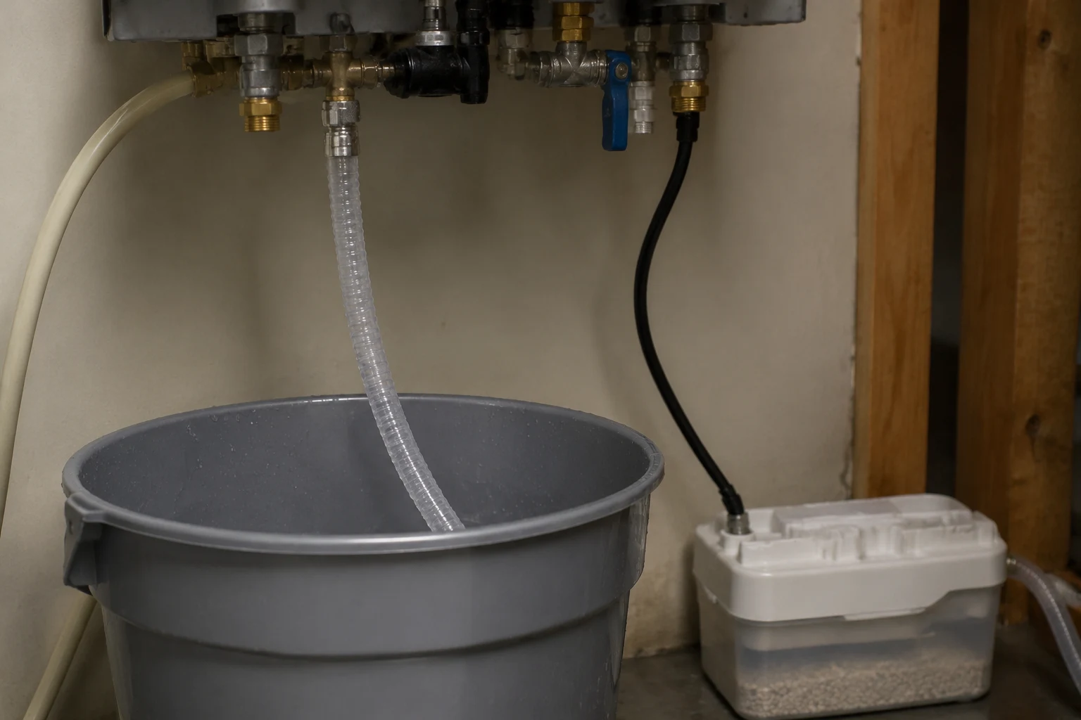 Condensate trap and drain hose at the base of a Rinnai condensing tankless water heater with a clear neutralizer chamber in the drain line
