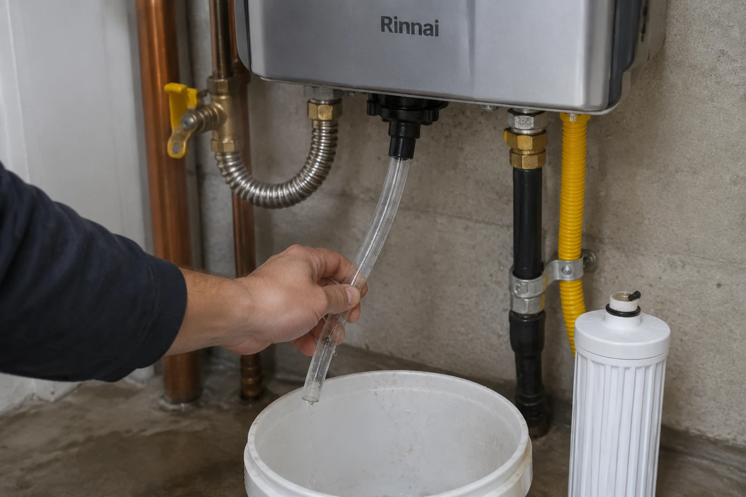 Person clearing the clear vinyl condensate drain line at the bottom of a Rinnai tankless water heater to fix a code 29 blockage