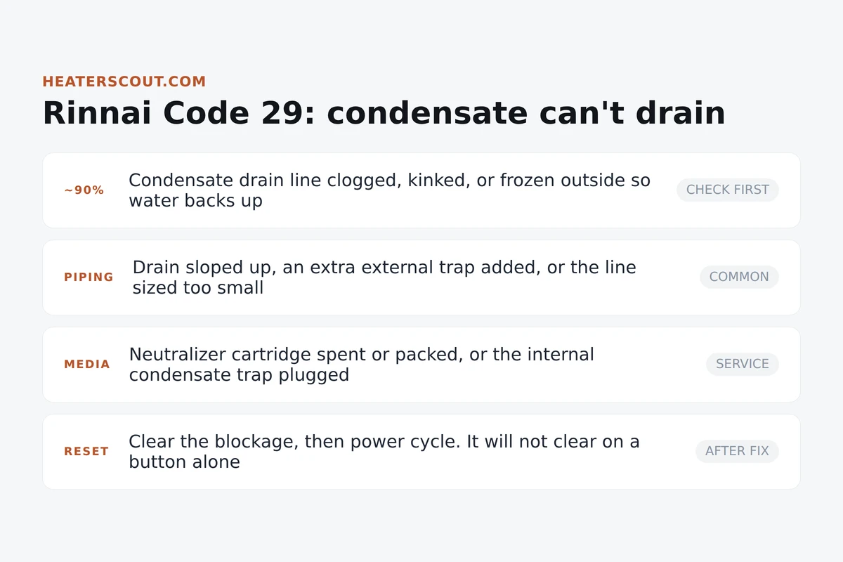 Card graphic listing the causes of Rinnai code 29 from a clogged condensate drain line down to bad piping, spent neutralizer media, and the reset step