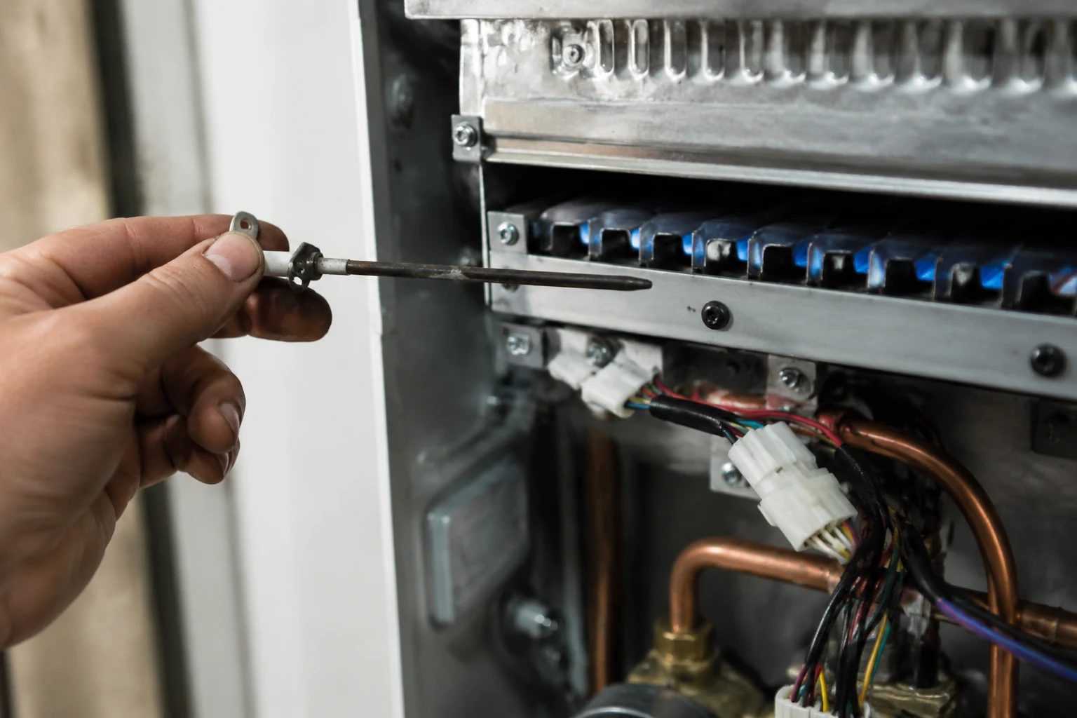 Technician inspecting the burner sensor rod on an open Rinnai tankless water heater, checking the sensor tip and connector wiring for a code 31 fault