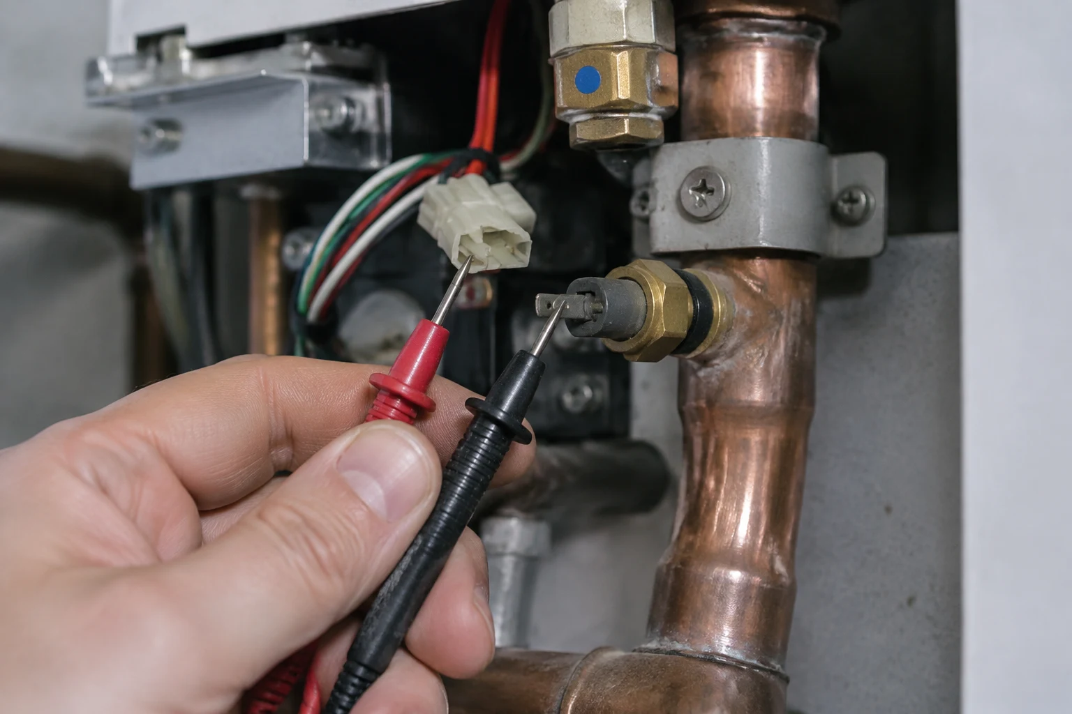 Outgoing water temperature thermistor on a Rinnai tankless hot-water outlet line, connector traced back to the control board