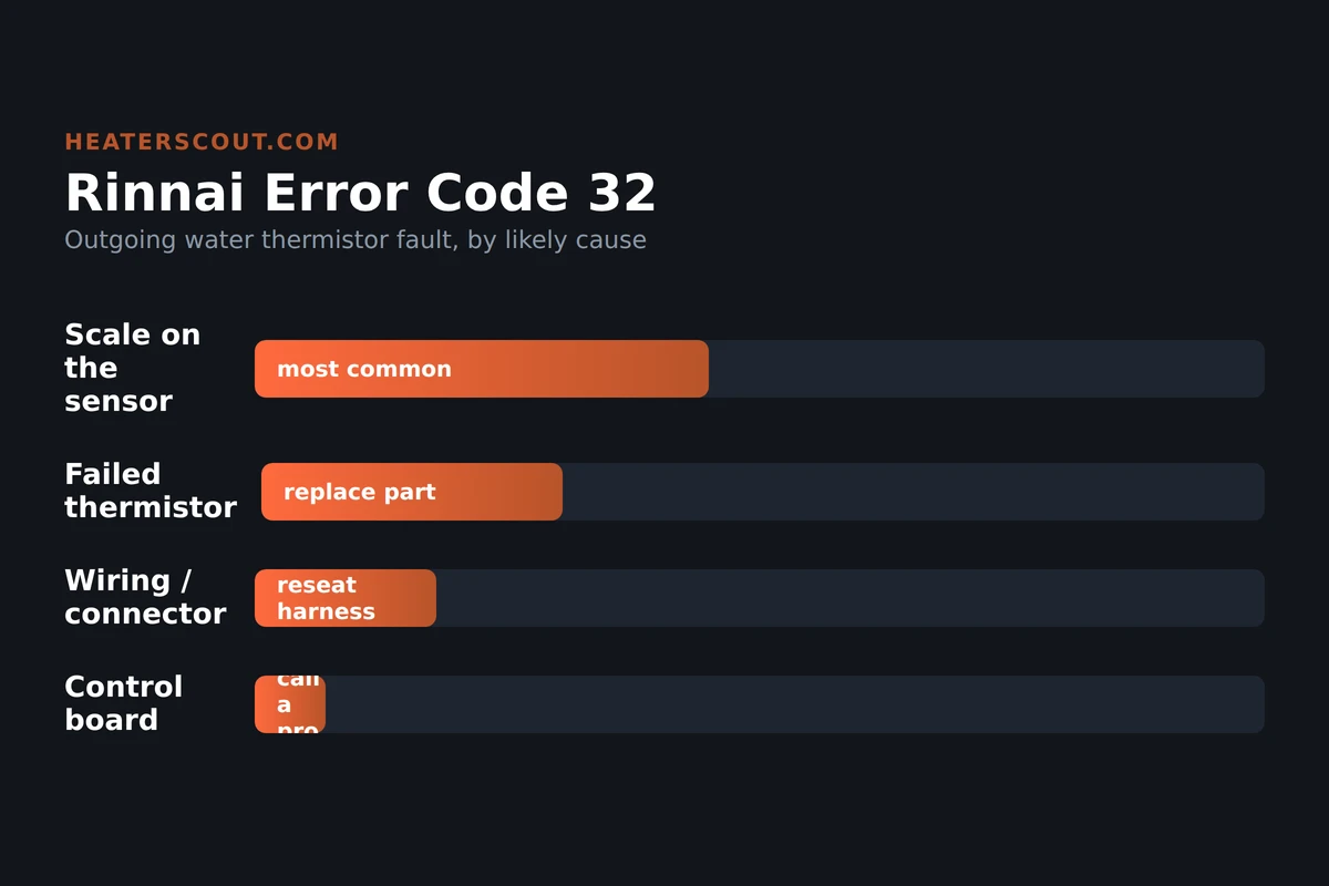 Bar chart of Rinnai error code 32 causes: scale on the sensor most common, then failed thermistor, wiring or connector, and control board least common