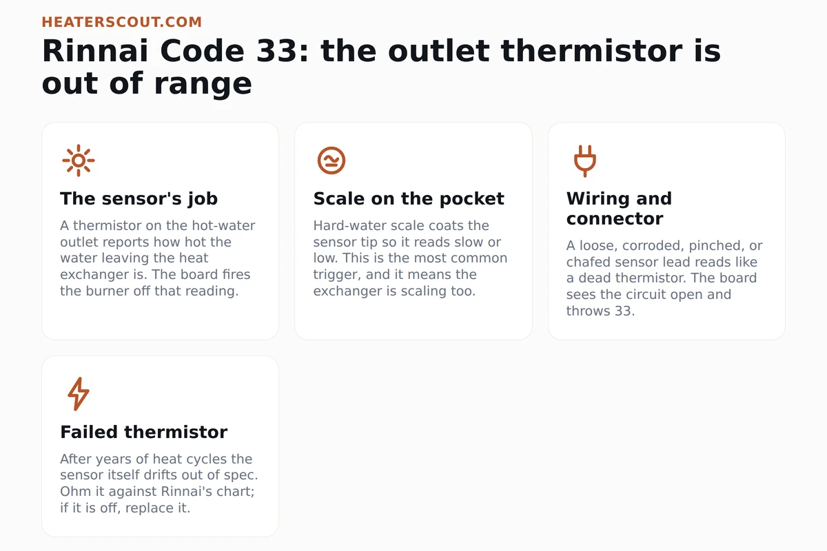 Icon panel explaining Rinnai code 33: the outlet thermistor's job, scale on the sensor pocket, wiring and connector faults, and a failed thermistor