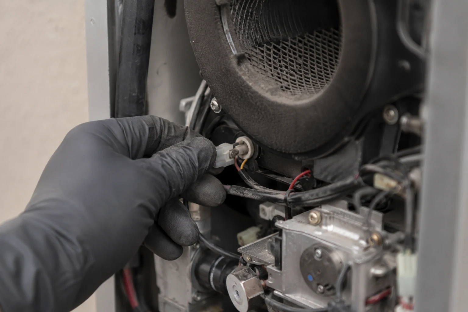 Technician inspecting the combustion air temperature sensor connector on the intake side of a Rinnai tankless water heater to diagnose a code 34