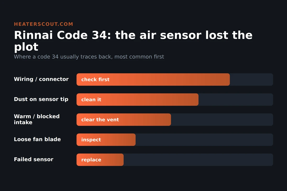 Bar chart showing where a Rinnai tankless code 34 usually traces back, with wiring and connector faults at the sensor as the most common cause