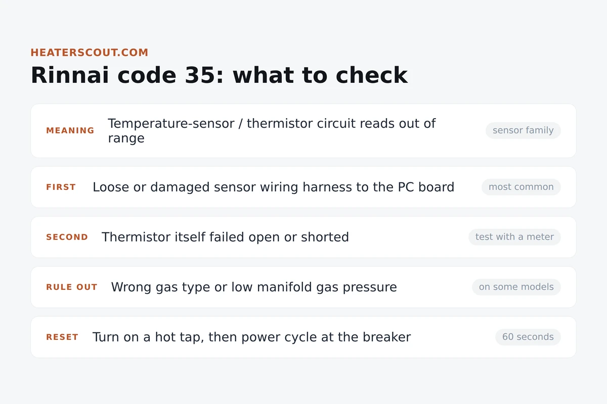 Card layout showing Rinnai code 35 meaning, first and second causes, gas checks to rule out, and the reset step