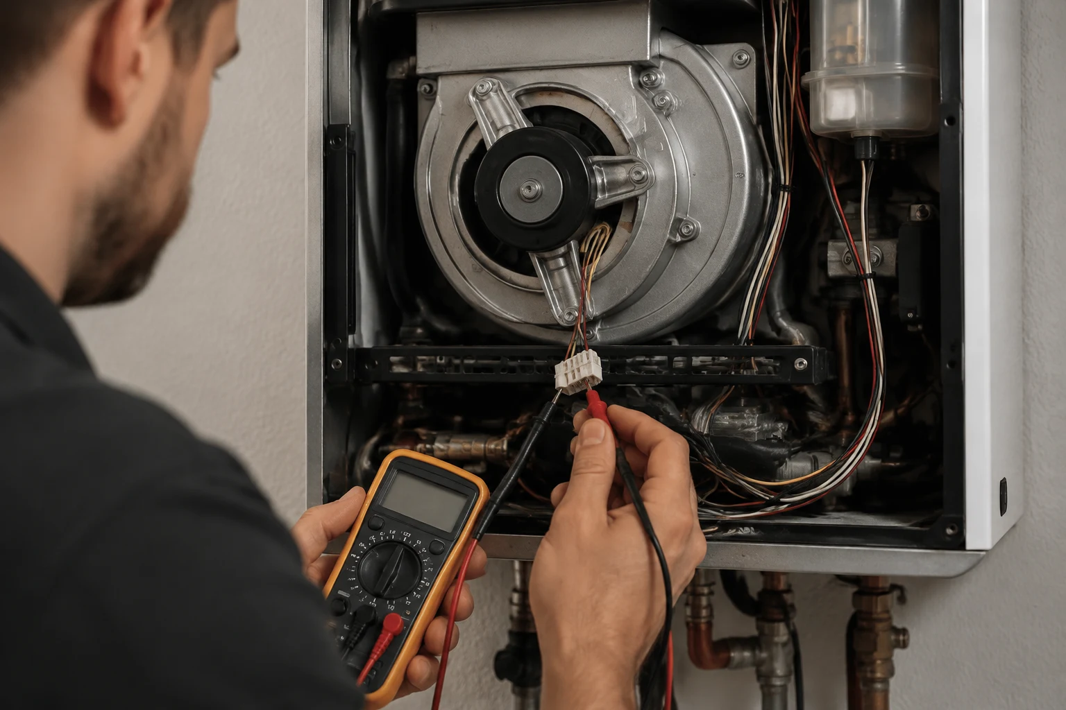 A Rinnai combustion fan wheel and housing being cleaned of dust with the front cover removed and power off
