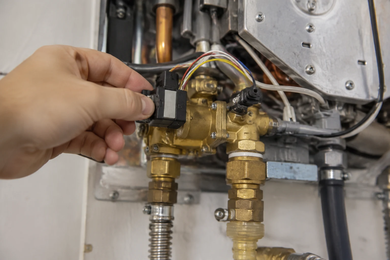 Technician cleaning the cold water inlet filter screen on an open Rinnai tankless water heater while checking the water flow servo connector for a code 65 fault