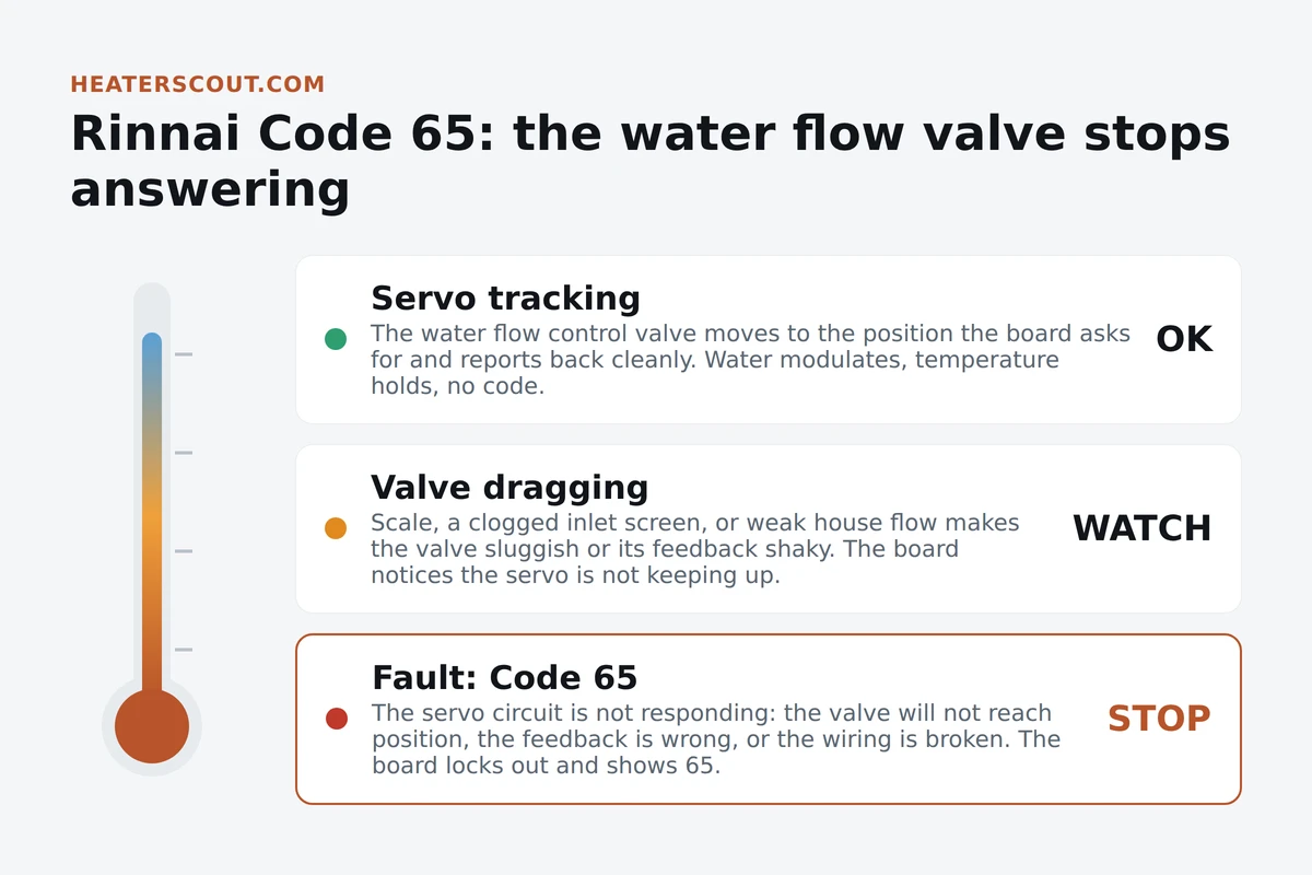 Thermometer-style graphic showing a Rinnai water flow servo moving from a healthy tracking range into a dragging zone and finally an out-of-range fault where the board locks out and shows code 65