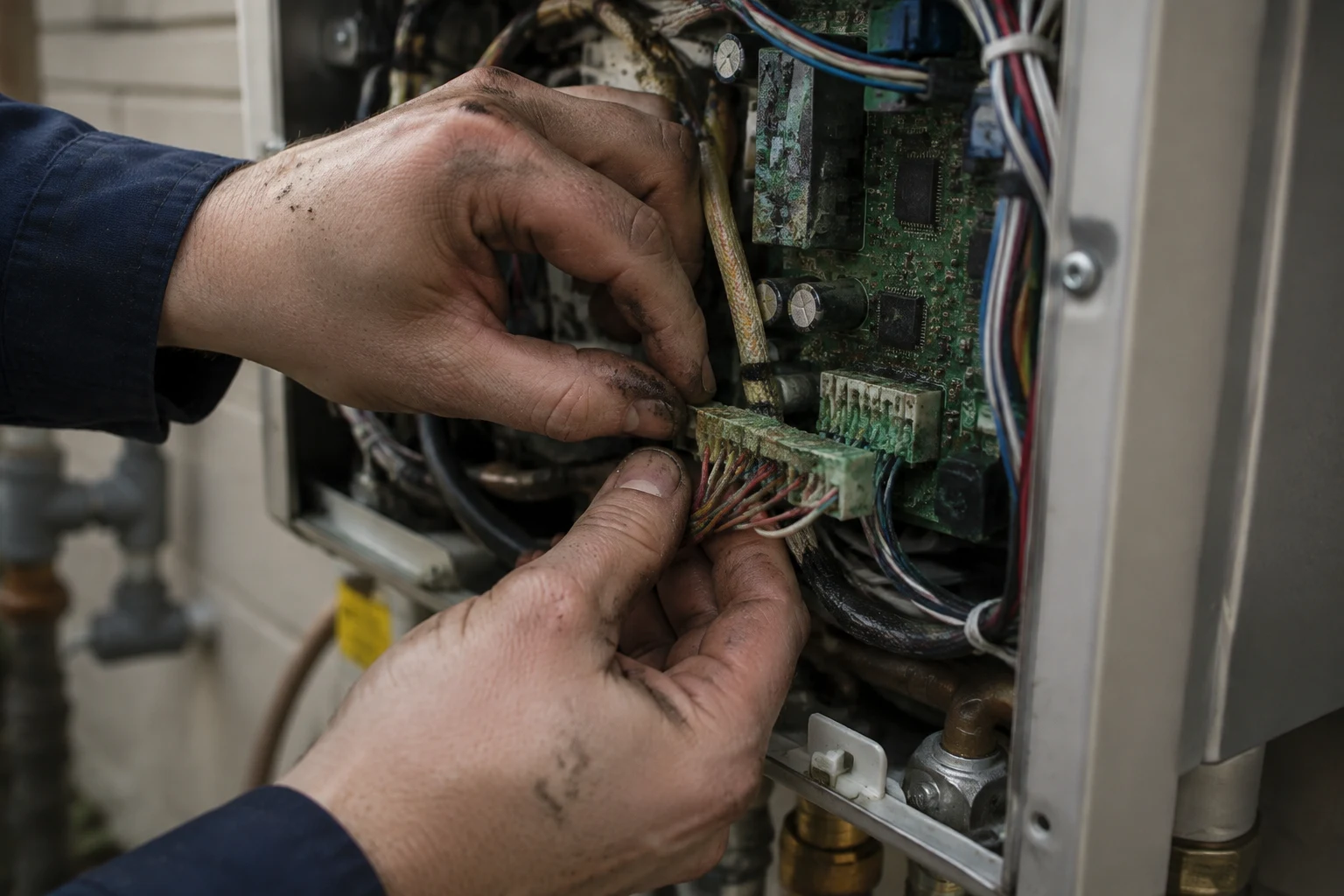 Rinnai tankless unit opened with the control board and wiring harnesses exposed for inspection
