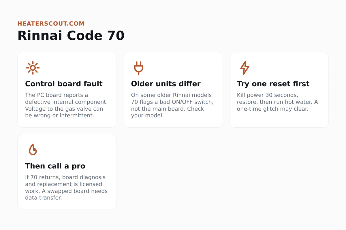 Rinnai code 70 explainer showing a control board fault and the safe first reset