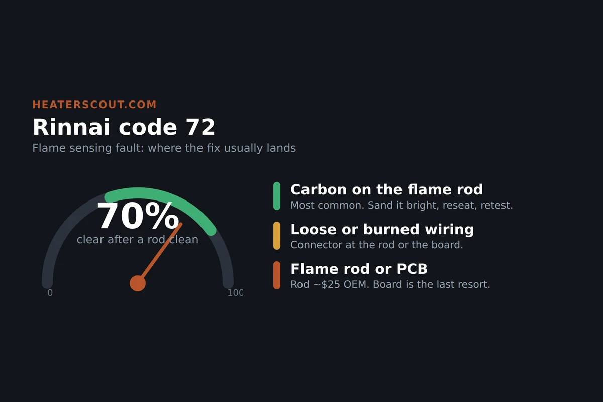 Gauge showing where Rinnai code 72 fixes land: most clear with a flame rod cleaning, fewer need wiring or a new rod