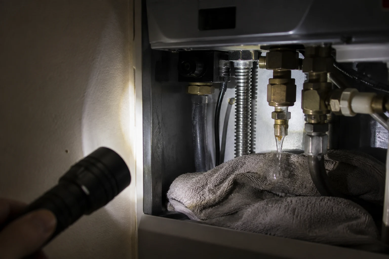 Open Rinnai tankless unit showing the baseplate and the white leak-detection sensor at the bottom of the combustion chamber
