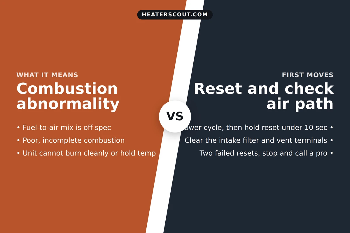 Split panel showing Rinnai code 90 means a combustion abnormality on the left and the first reset and air-path checks on the right