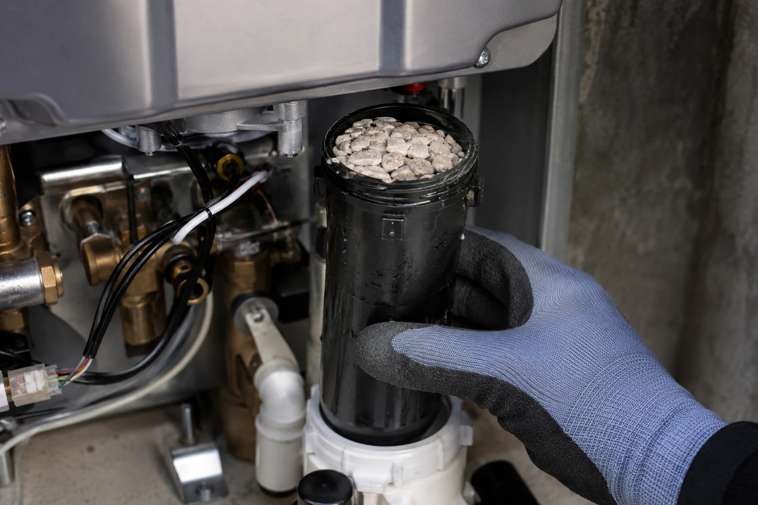 A Rinnai condensate neutralizer capsule opened at one end with spent media being emptied for a refill