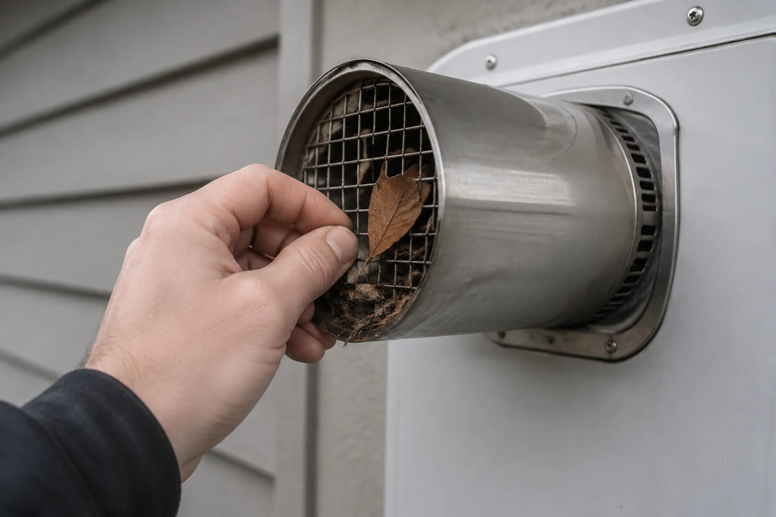 A technician inspecting a Rinnai unit's combustion fan and pressure switch hose while diagnosing an error code 99 venting fault