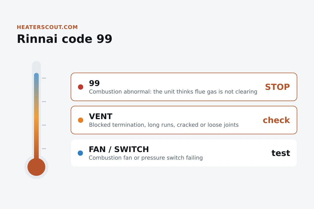 Thermometer-style infographic for Rinnai error code 99 showing the combustion and venting lockout, the vent path to check, and the fan and pressure switch to test