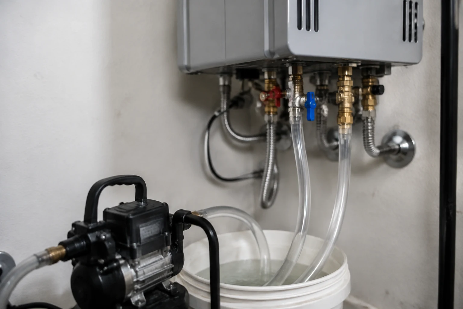 A submersible pump in a bucket of white vinegar connected by two hoses to the isolation valves of a Rinnai tankless water heater during a descale flush