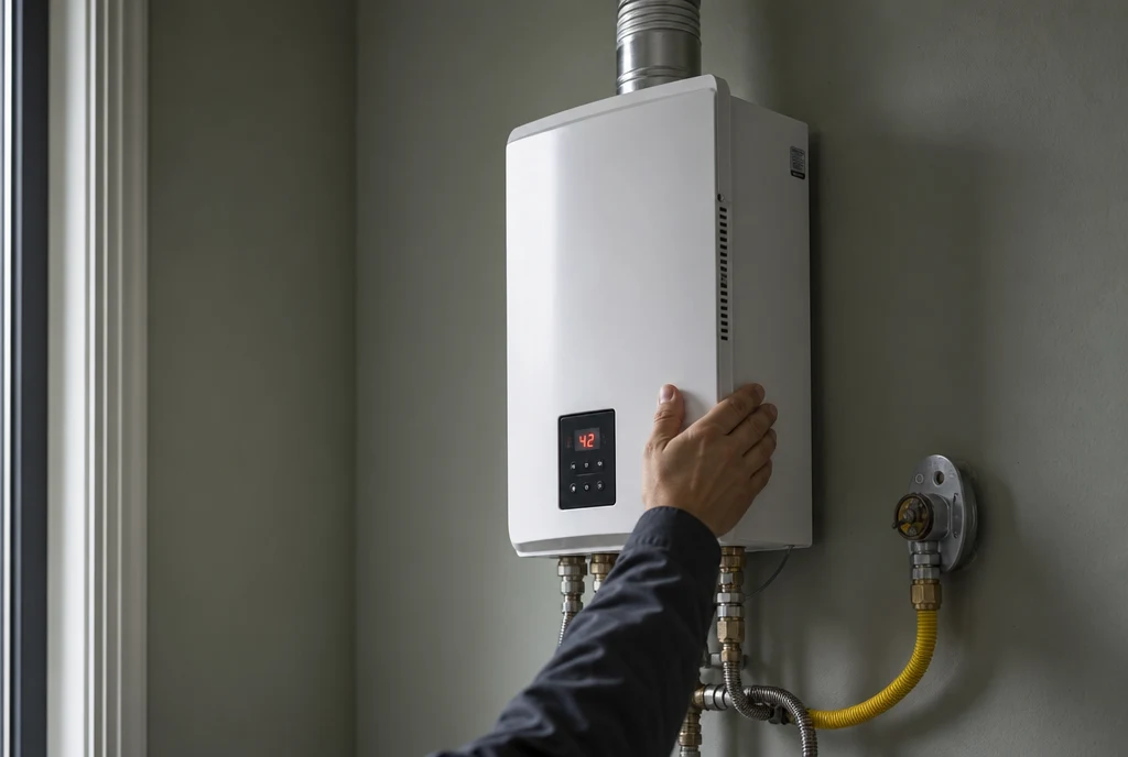 A wall-mounted Rinnai tankless gas water heater with the digital temperature controller, the gas and water isolation valves and service ports below the unit, and the exhaust vent, the spots a homeowner checks when troubleshooting