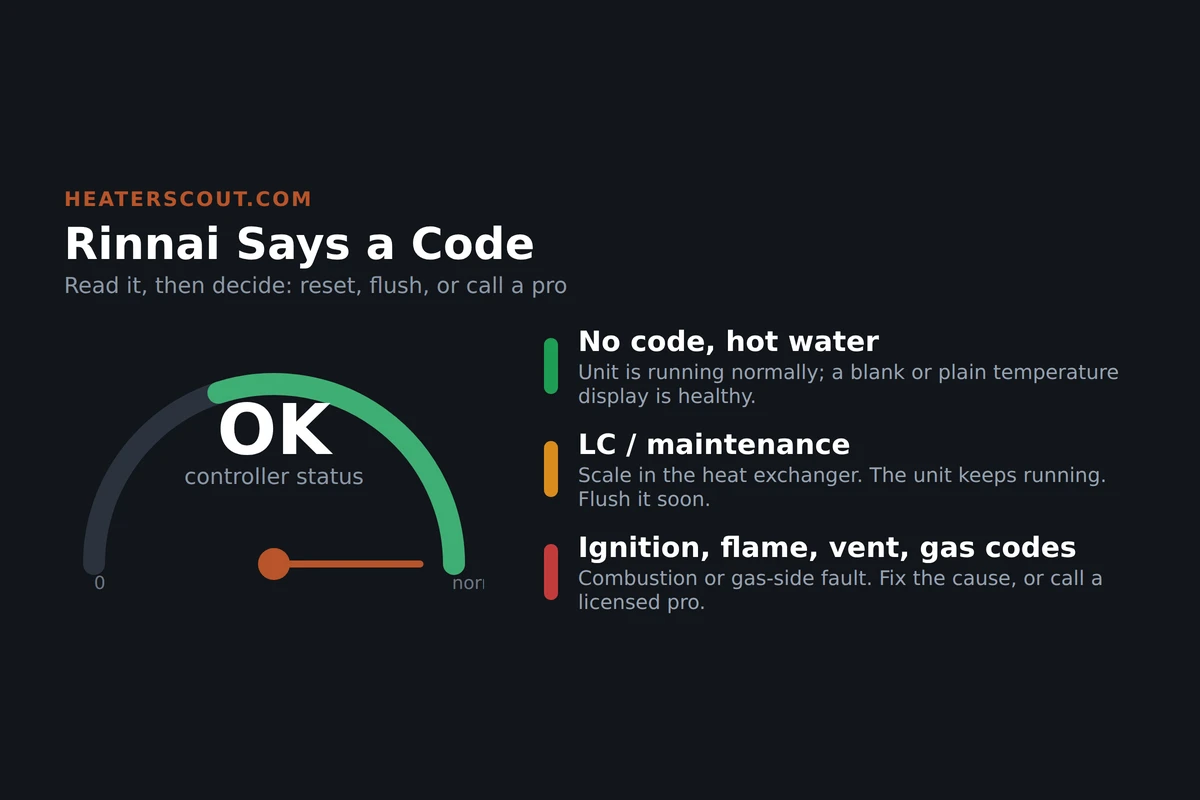 Diagnostic chart for Rinnai tankless gas water heaters showing that a two-digit code on the wall controller sorts into families: combustion and ignition codes in the low teens, sensor codes, fan and gas-solenoid codes, and the LC maintenance code for scale, with the burner needing about 0.4 GPM to fire