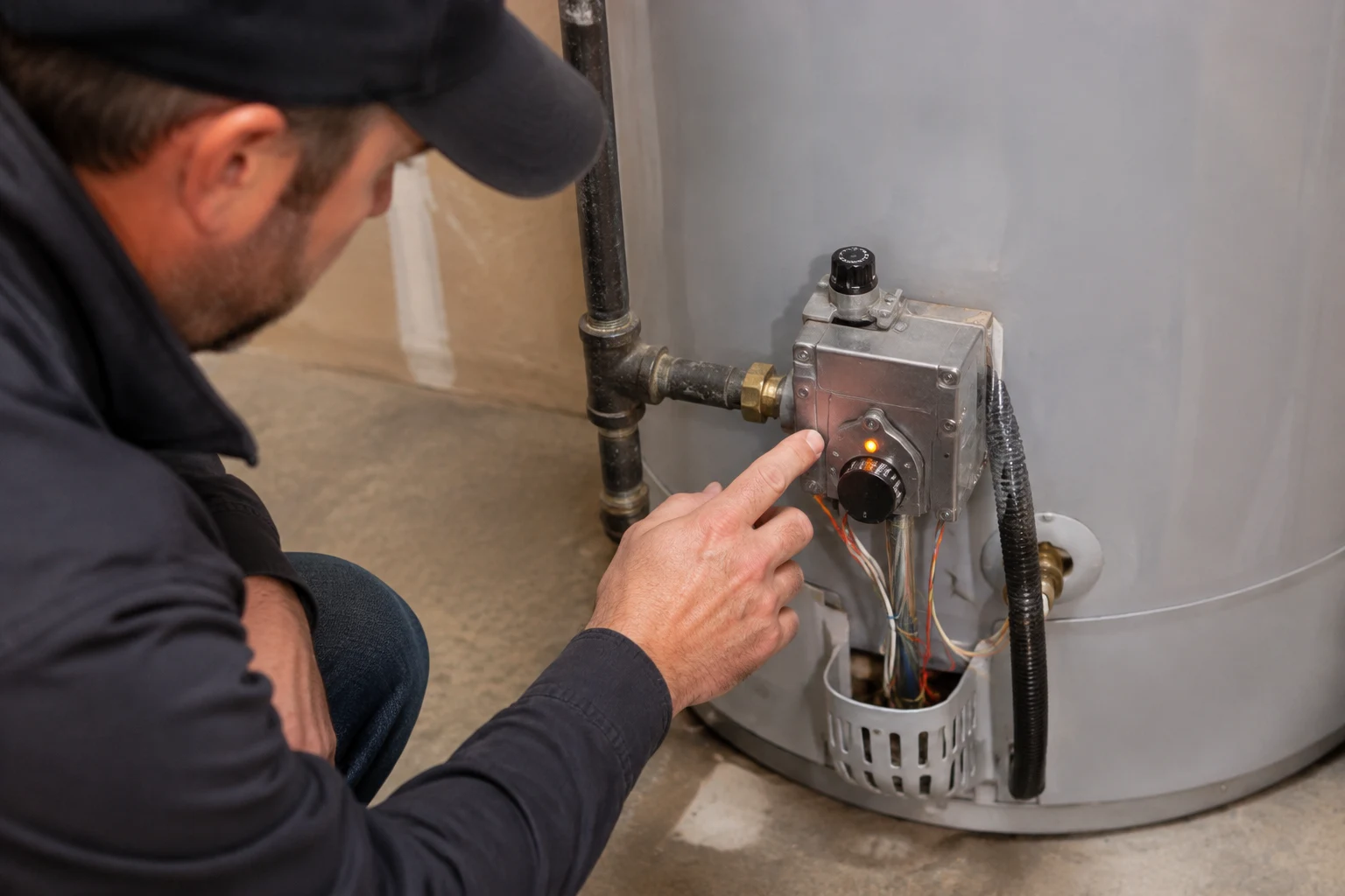 A Robertshaw water heater gas control valve at the base of a tank showing the temperature dial, gas control knob, status LED, and the Uni-Line part number molded into the valve body