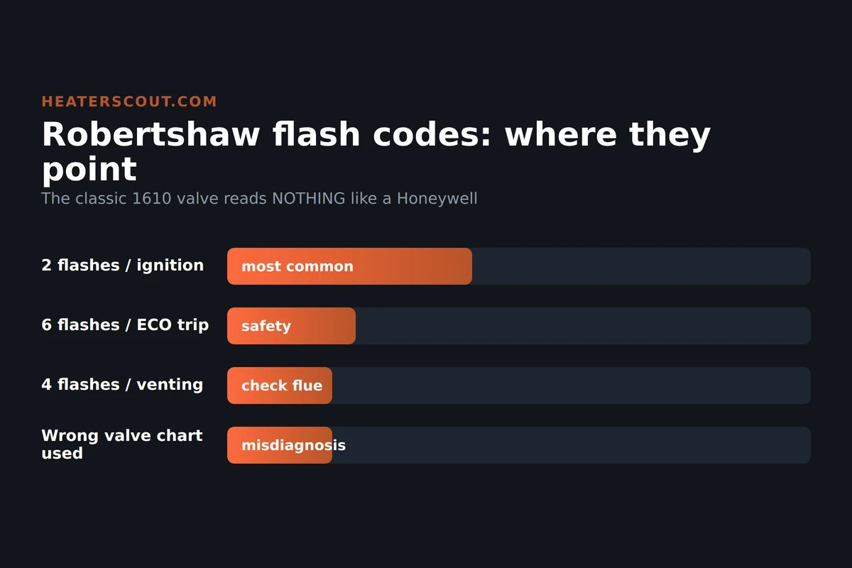 Robertshaw water heater gas valve flash-code bar chart showing 2 flashes as the most common ignition fault, 6 flashes as an ECO trip, 4 flashes as venting, and misdiagnosis from using the wrong valve chart