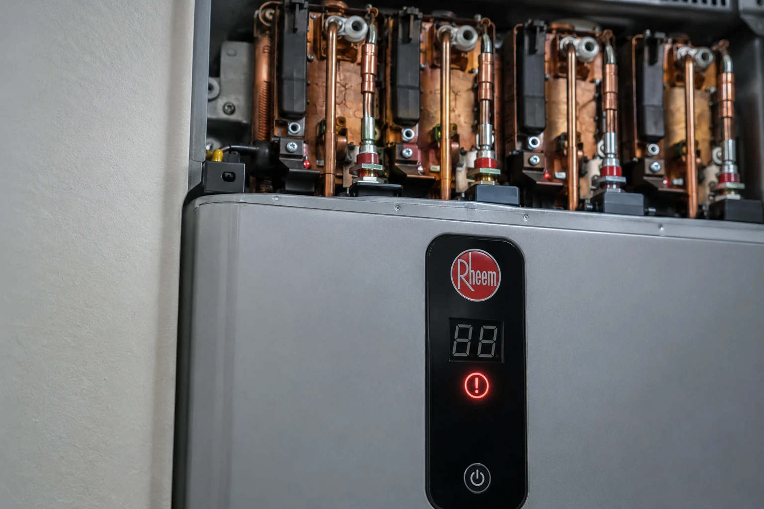 Front cover of a Rheem RTEX electric tankless water heater showing the small digital temperature display and the plus and minus buttons used to set the temperature and where an error code appears, with the 240-volt supply conduit entering the unit