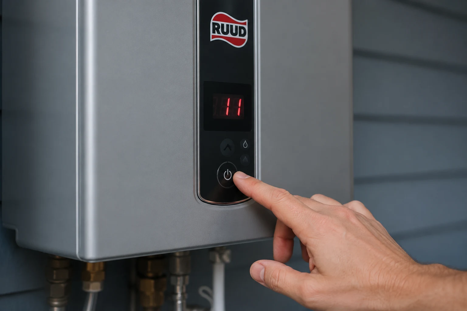 A Ruud tankless water heater with its front panel and remote controller showing a numeric fault code, and the isolation service valves below the unit used for descaling