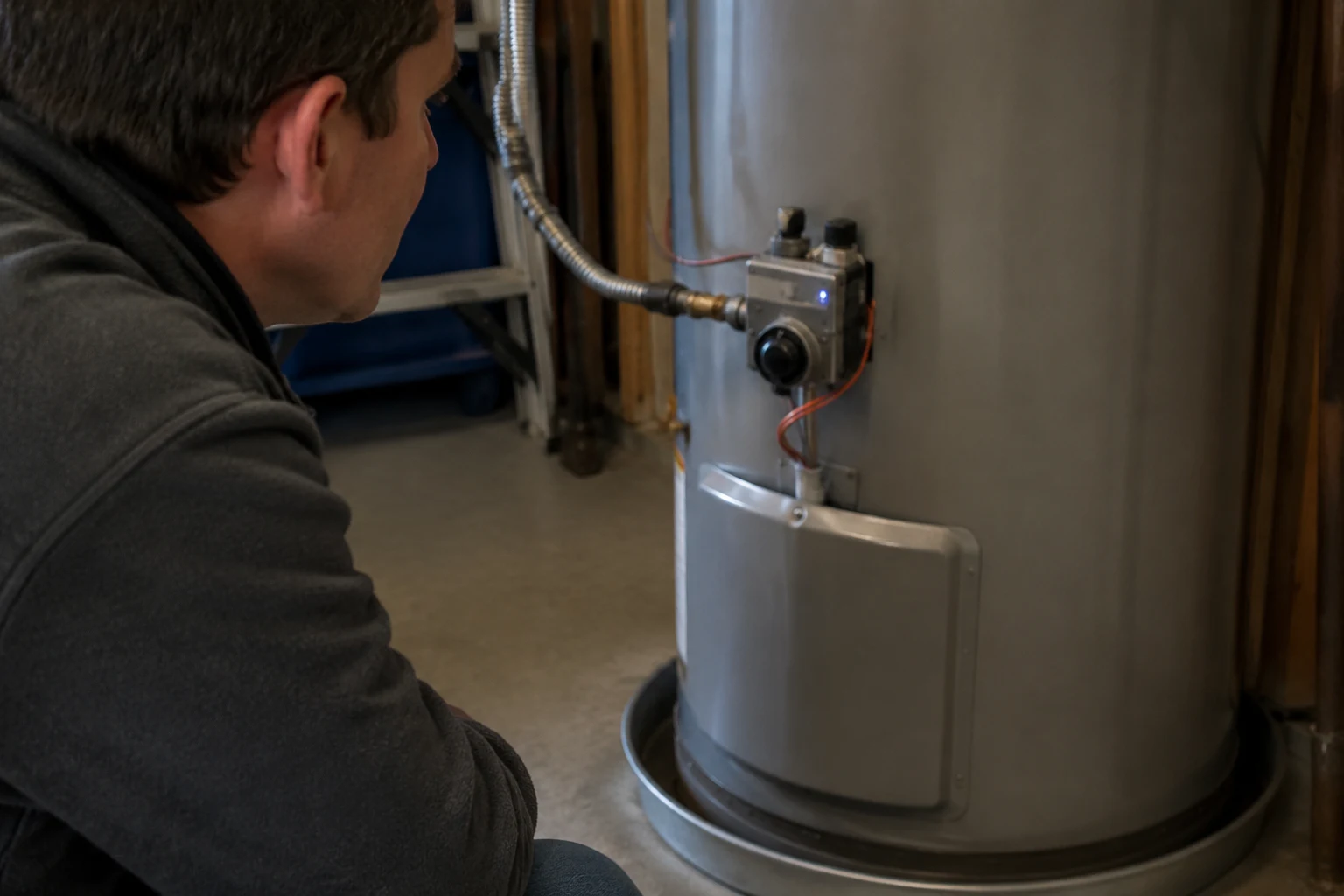 A Ruud gas control valve low on the front of a water heater tank with the status light, gas control knob, and printed flash legend visible where the code is read and the reset is performed