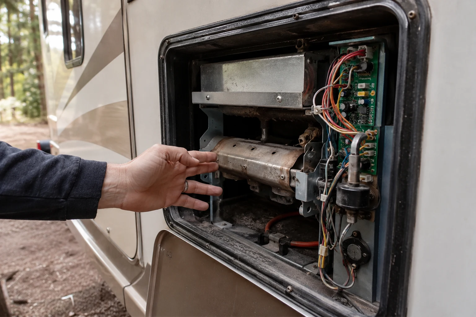 The exterior access panel of an RV water heater open to show the burner tube, igniter probe, gas valve, and control board, the parts checked when a propane RV water heater will not light or burns with a weak flame