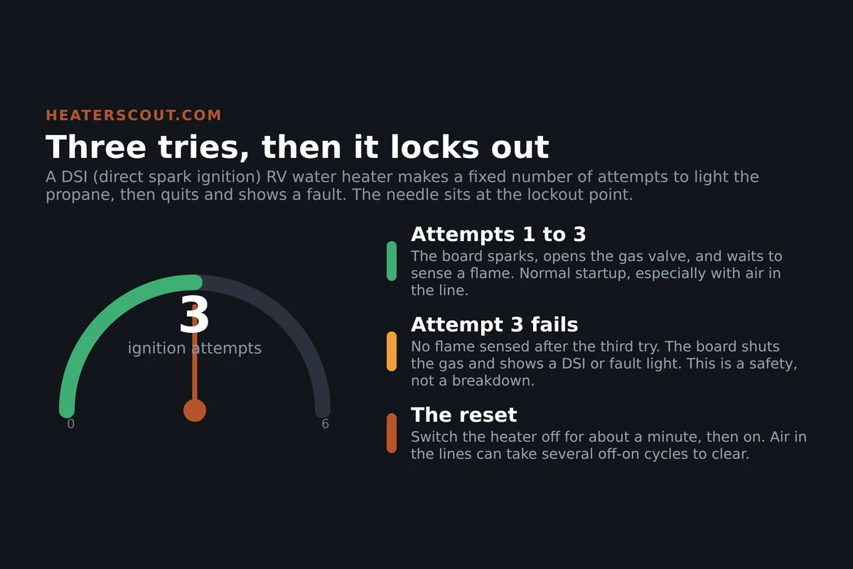 Radial gauge infographic showing that a DSI direct spark ignition RV water heater makes three ignition attempts before locking out and showing a fault light, with the normal attempts in the green band and the needle at the lockout point