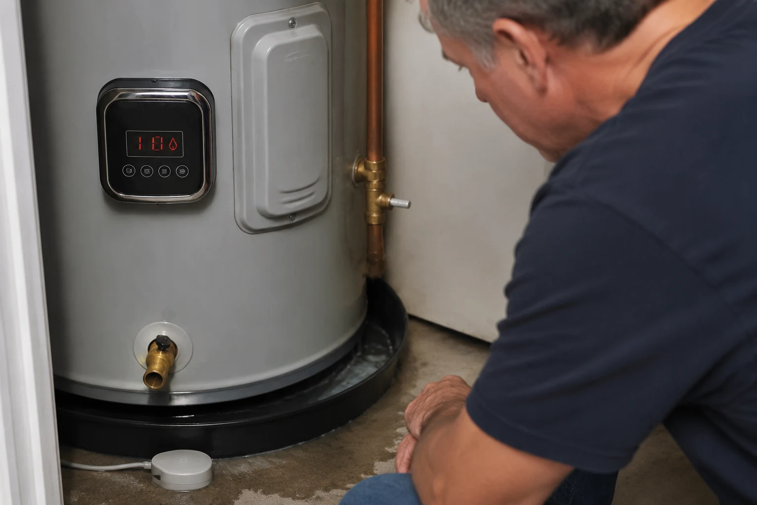 The base pan of a smart water heater with the leak sensor sitting in it, the point where a leak alert originates and where the pan is dried and inspected