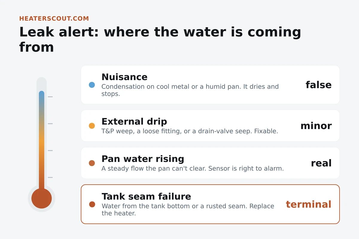 Smart water heater leak alert severity map from harmless condensation up through external drips and rising pan water to a terminal tank seam failure